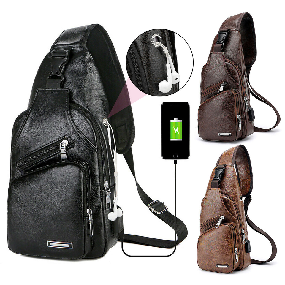 Men Leather Sling Bag Chest Shoulder Crossbody Backpack USB Charging Port Travel