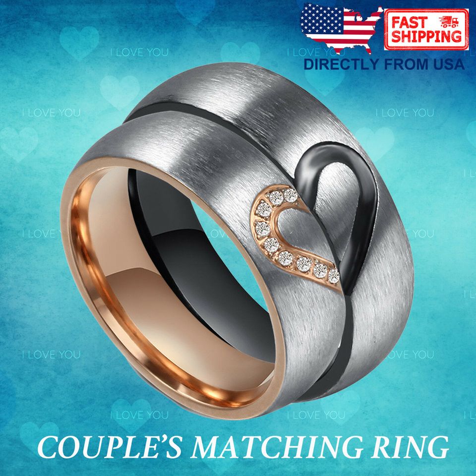 Couple’s Matching Heart Ring, His or Hers Wedding Band Comfort Fit Promise Ring