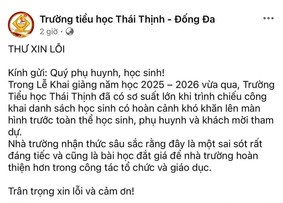 Nhà trường xin lỗi vì công khai danh sách học sinh khó khăn trong lễ khai giảng- Ảnh 1.